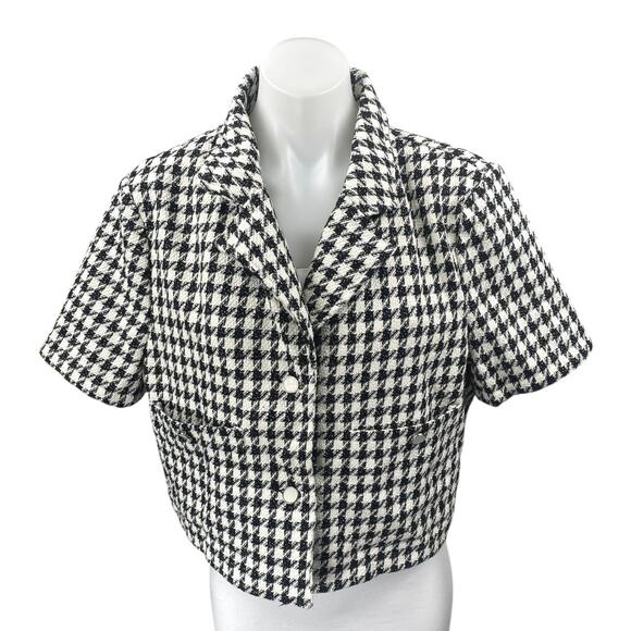 Shein Black White Houndstooth Plaid Check Short Sleeve Button Crop Shirt Top XL - Picture 1 of 4